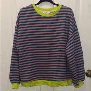 UEU Striped Tee in Teal, Pink & Neon Green Trim